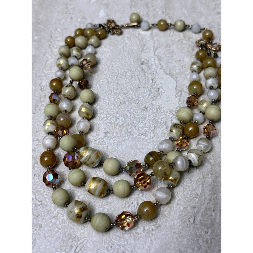 Vintage c. 1958–1963 3 Strand Cream Lucite Art Glass Crystal Necklace